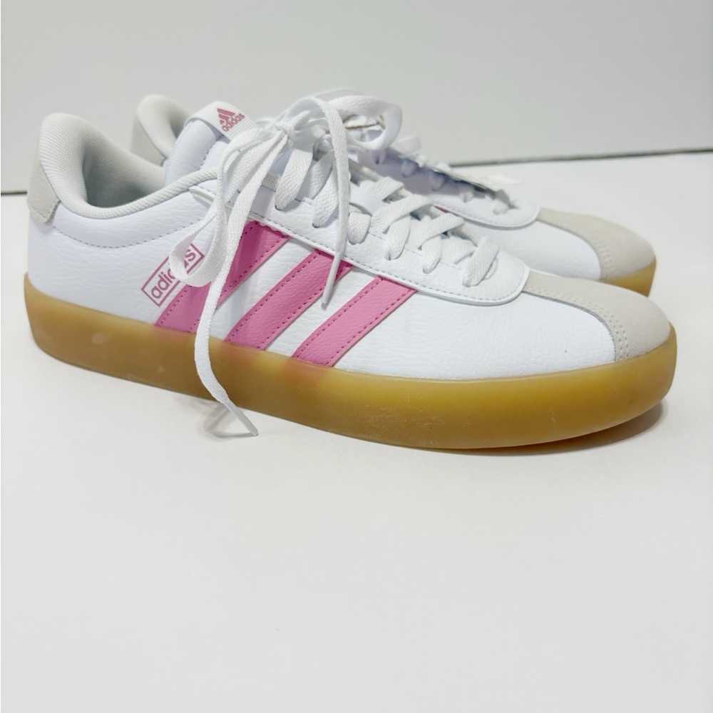 Adidas White Sneakers with Pink Stripes and Gum Sole